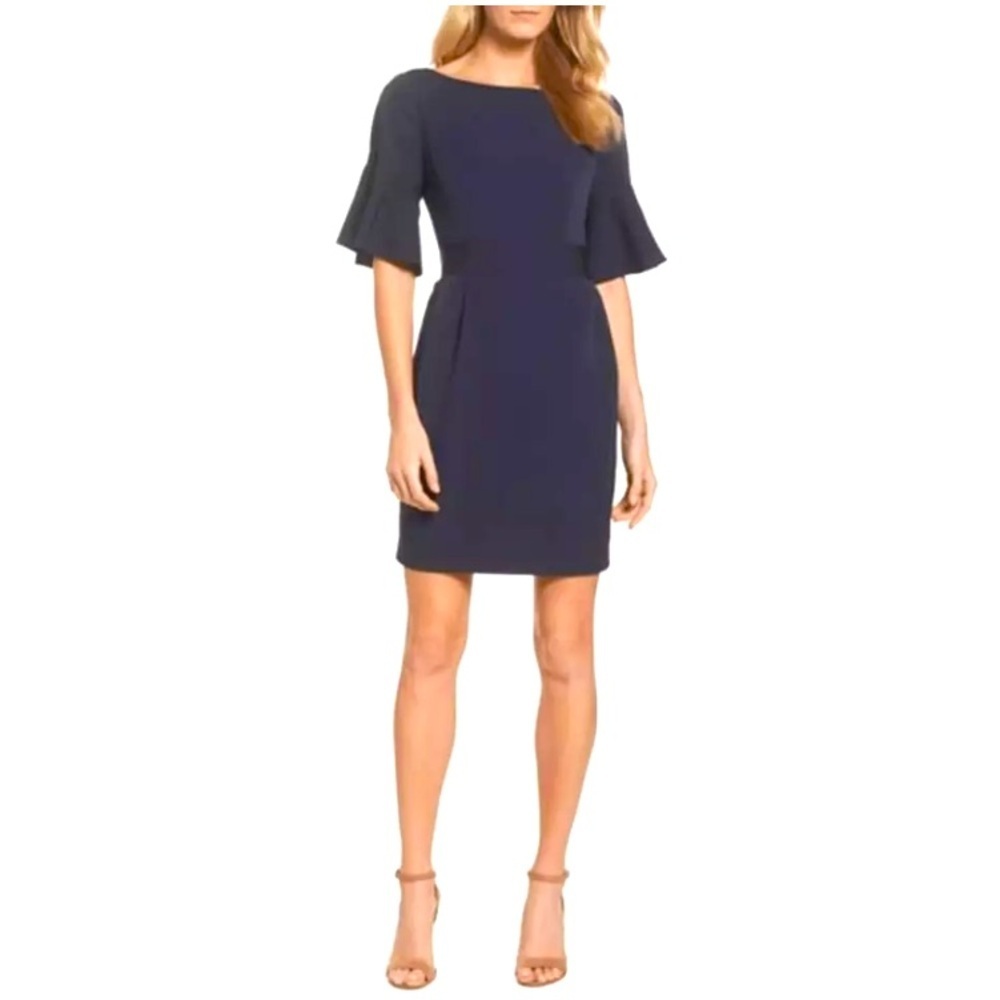 Eliza J Silky Navy Blue Dress Bell Sleeve Sheath‎ Belted Pockets Preppy Office